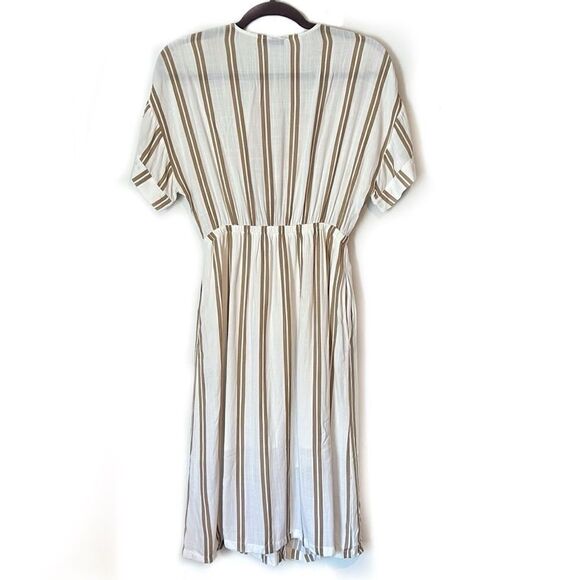 Lush Tan White Stripe Short Sleeve Tie Front Dress - Picture 2 of 4